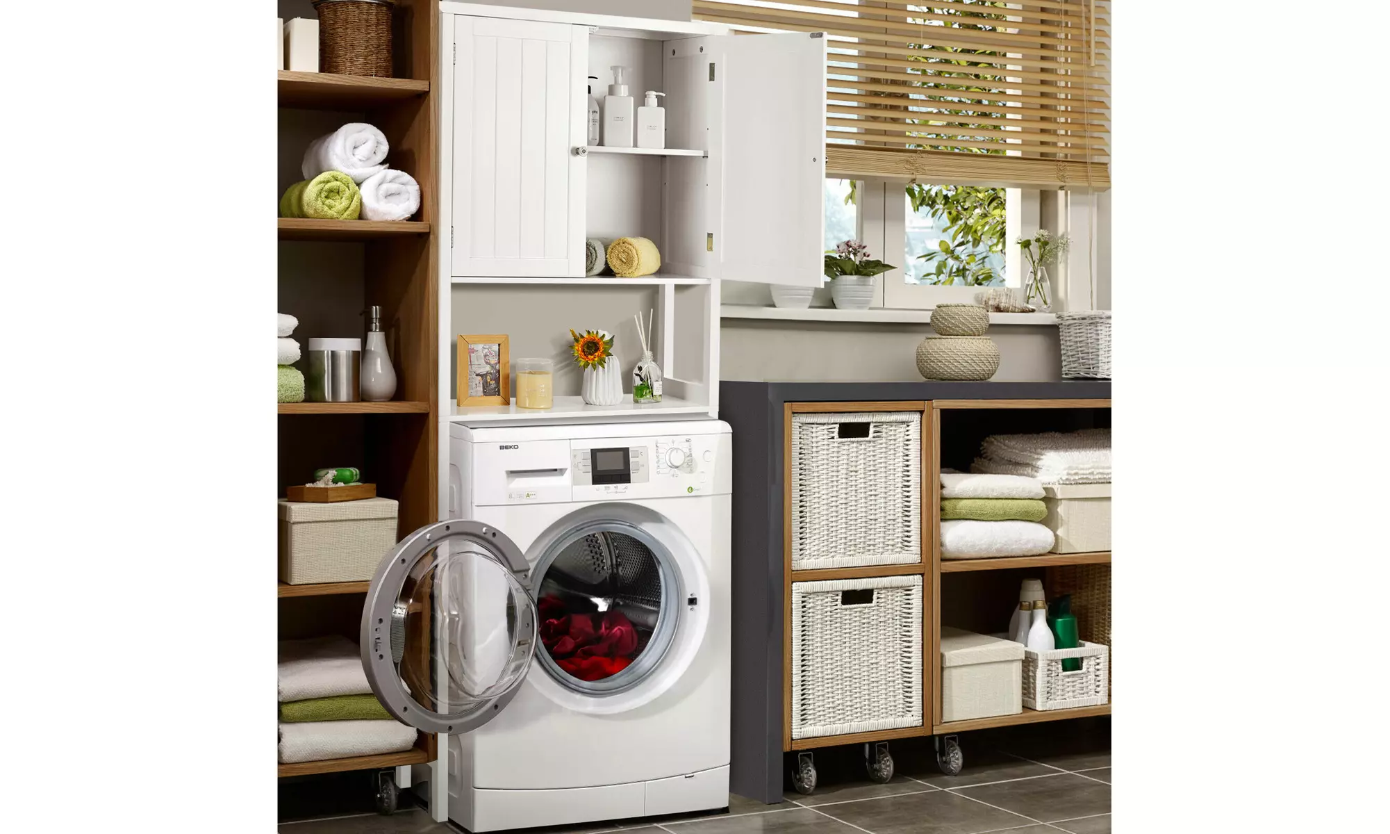 Over The Toilet Storage Cabinet Double Door Bathroom Organizer Adjustable Shelf 