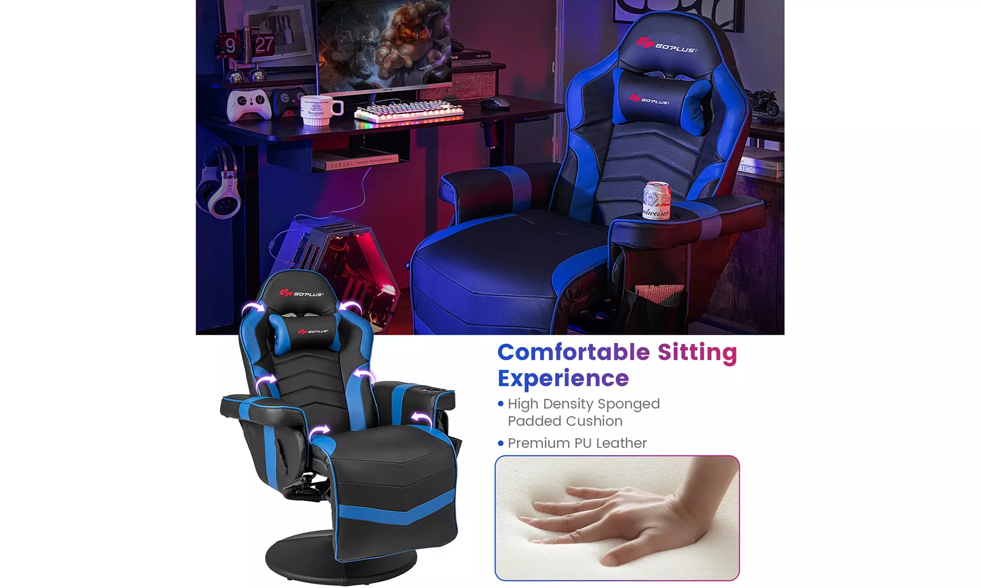 Costway Massage Gaming Chair - Adjustable Racing Swivel Chair with Cup Holder