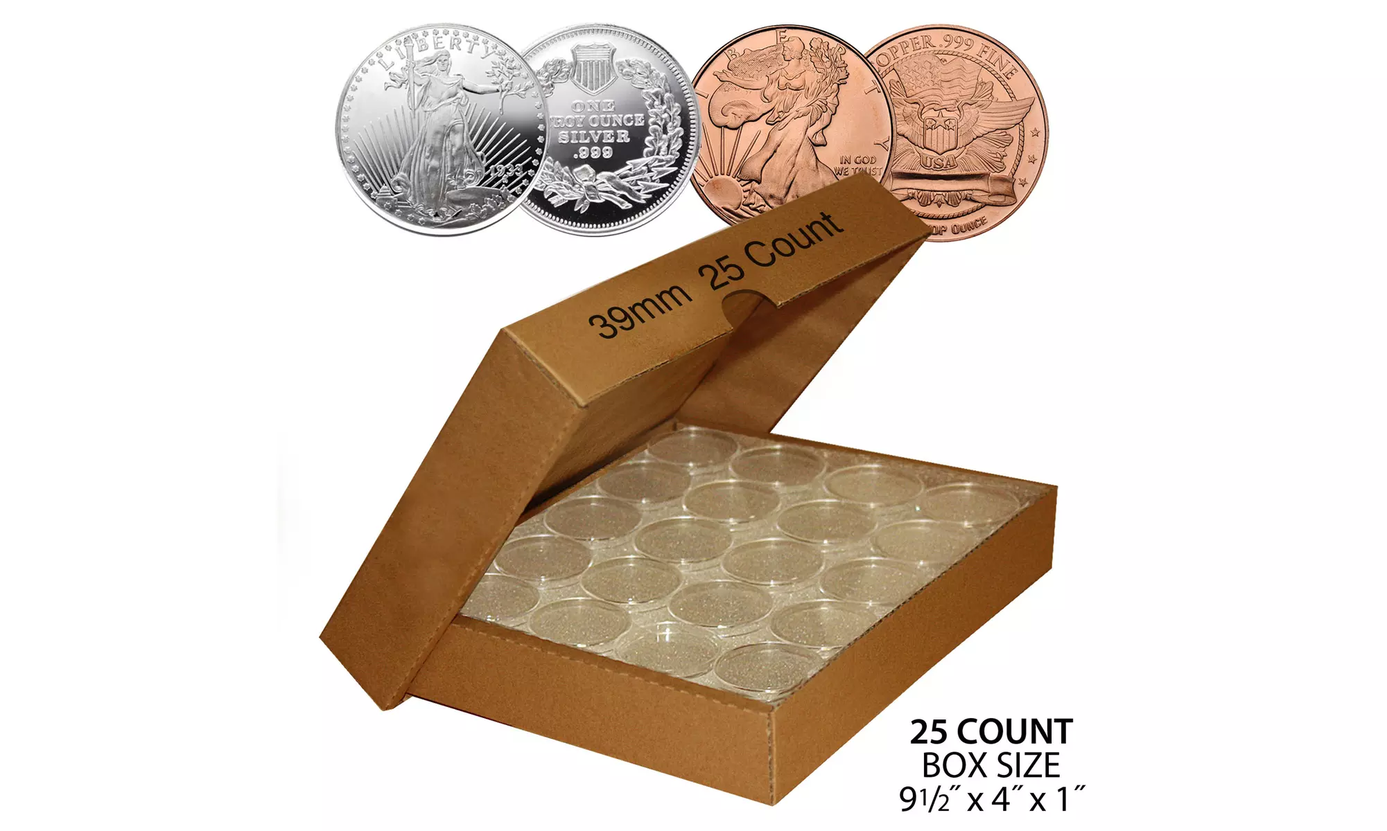 Coin Capsule Holders Direct-Fit Airtight - Quantity 25 with Box - All Sizes