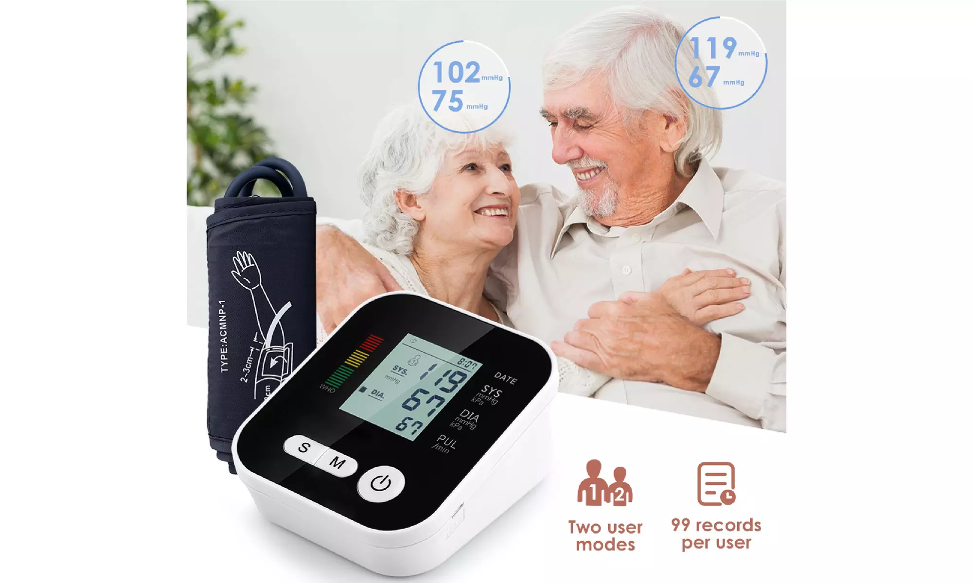 Arm Blood Pressure Monitor; Large LCD, 2-User Memory, Adjustable Cuff