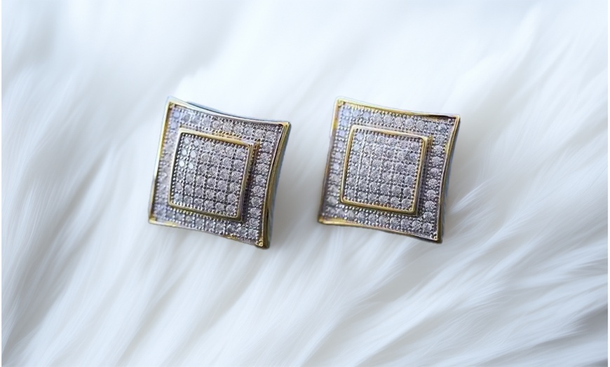 Image 1: Certified Jewelry Men's 14K Gold and Sterling Silver Square Lab Diamond Earrings