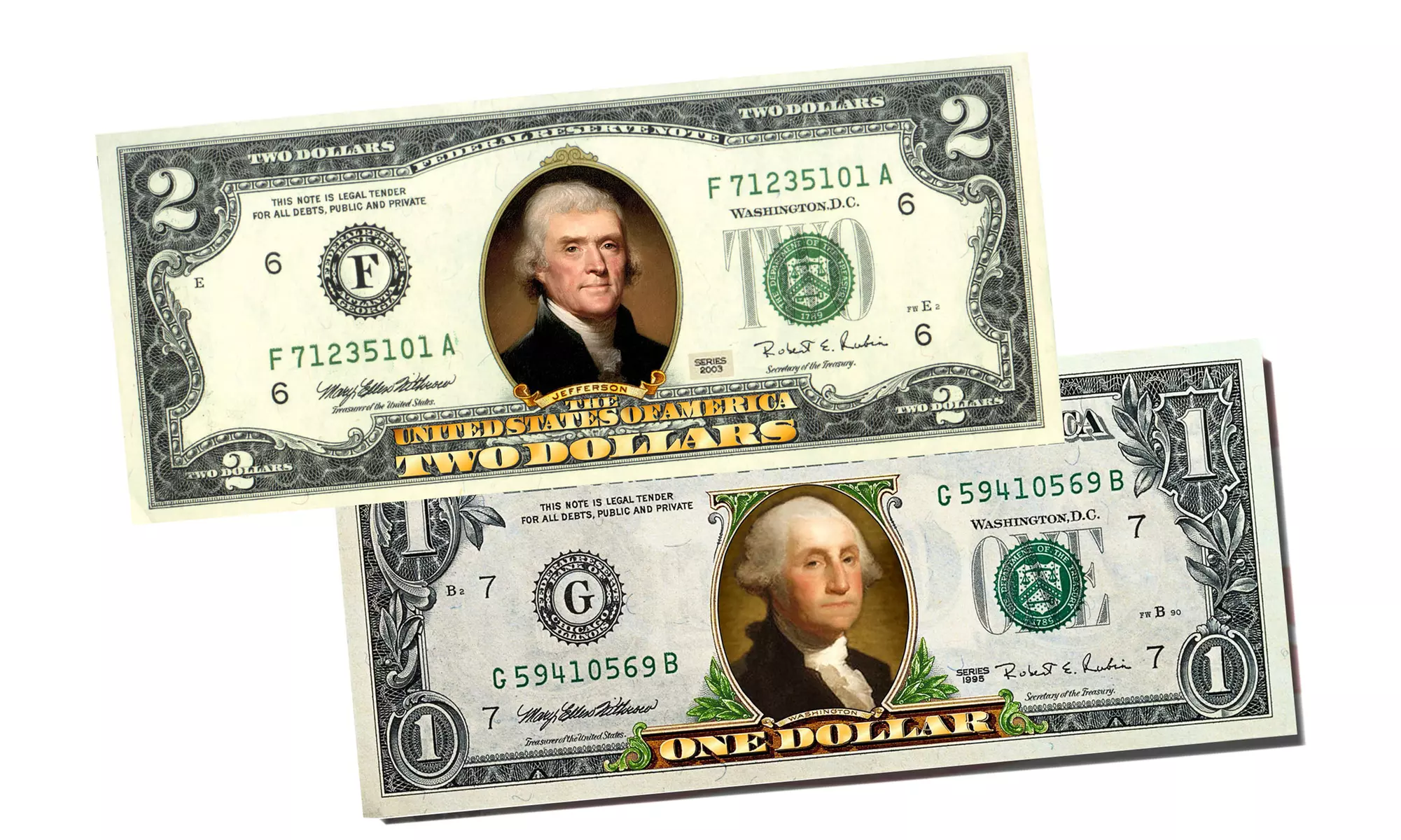 Colorized Two-Sided Genuine U.S. One or Two Dollar Bills