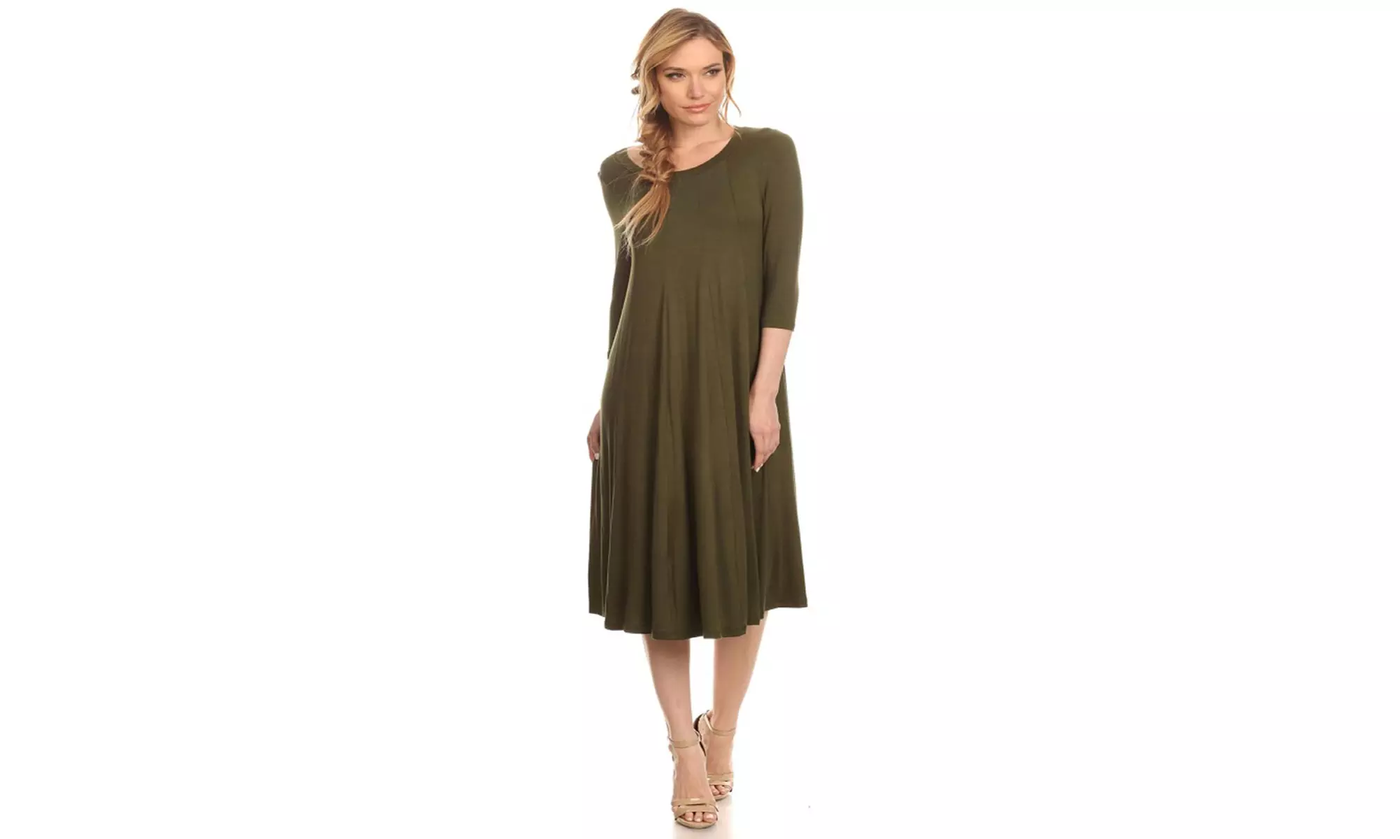 Women's Solid Casual Comfy 3/4 Sleeve Loose Fit A-line Midi Dress