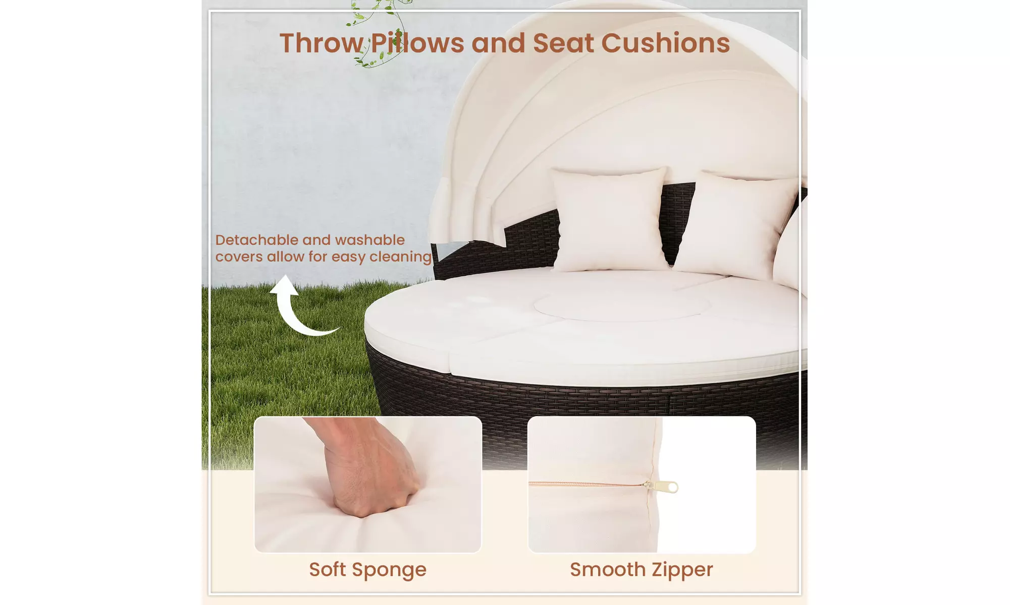 Costway Patio Round Daybed PE Rattan Cushioned Sectional Seating with Canopy