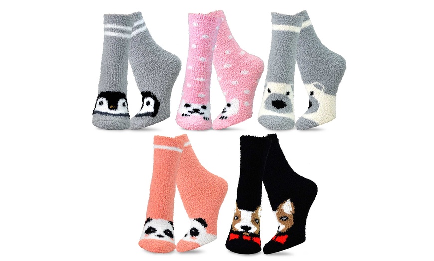 Image 1: TeeHee Cozy Fuzzy Slipper Crew Socks for Women 5-Pack (Animal-2)