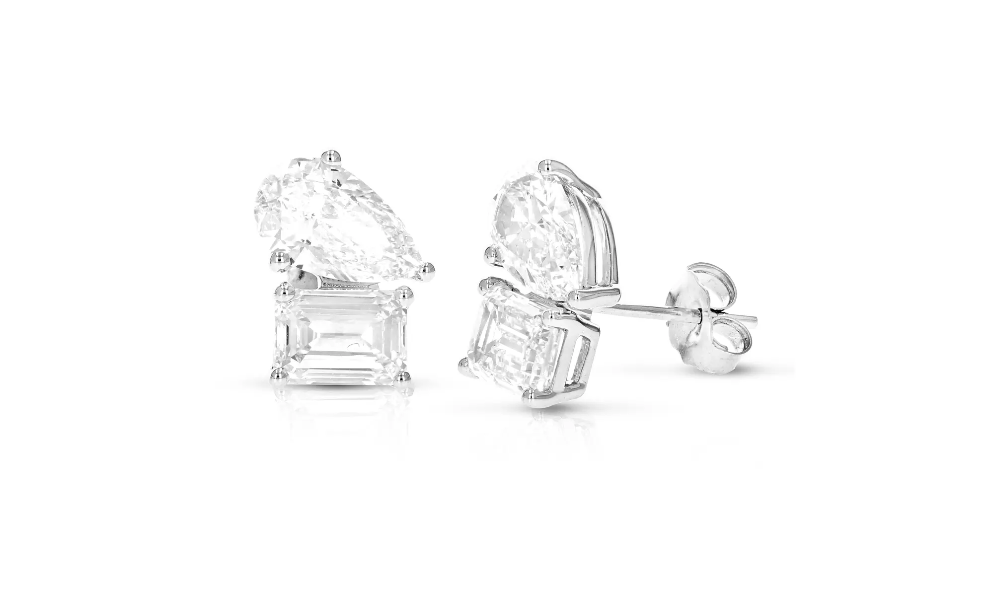 Lab Grown Diamond Stud Earrings Emerald and Pear Shape 14K Gold with Push Backs