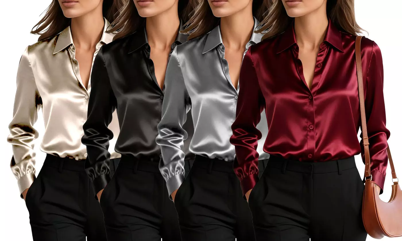 Women's Satin Button-Down Shirt Wrinkle-Free Soft Long Sleeve Blouse