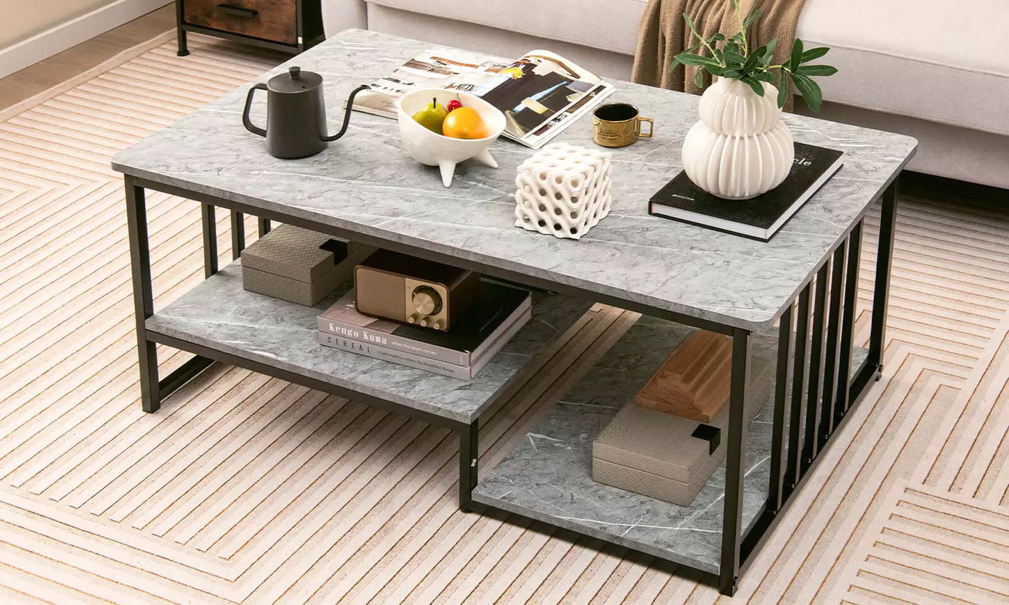 Costway Faux Marble Coffee Table Rectangular 2-Tier Center Table - Primary Image