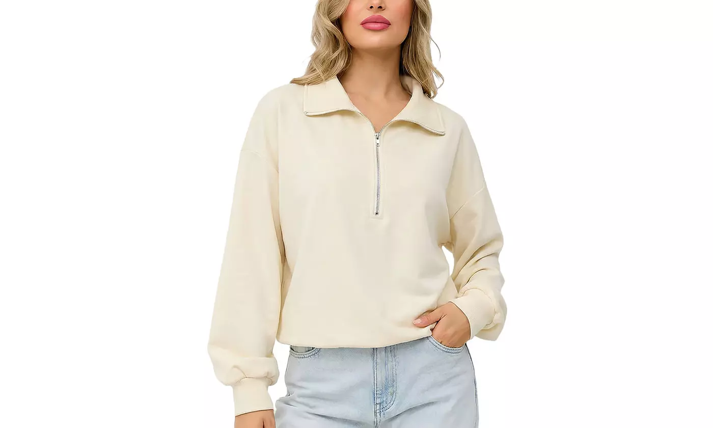 Women's Half Zip Lapel Sweatshirt Long Sleeve Crop Pullover Top Drawstring Hem