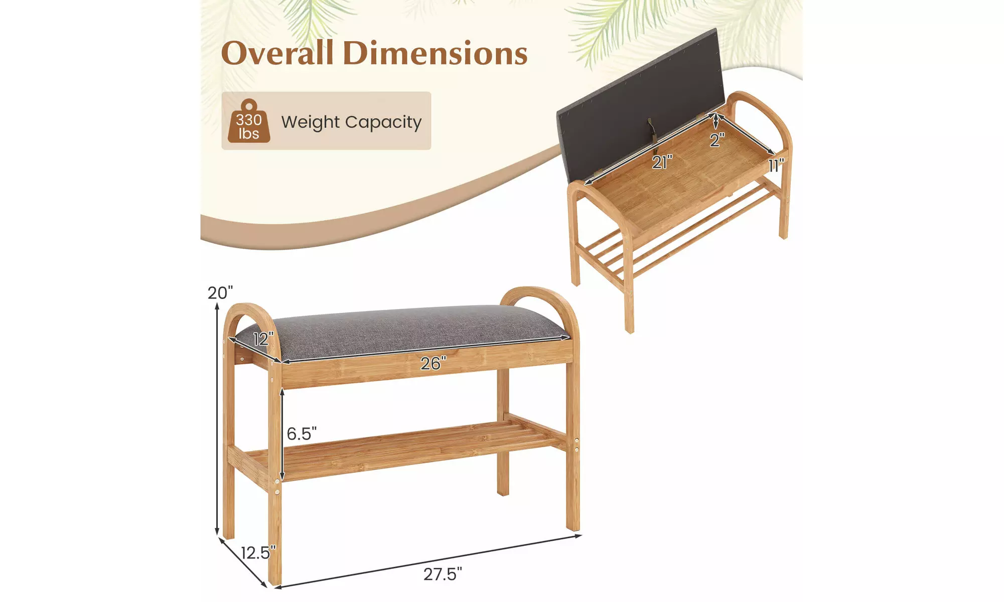Costway Bamboo Entryway Shoe Bench 2-Tier Shoe Rack with Padded Seat Cushion