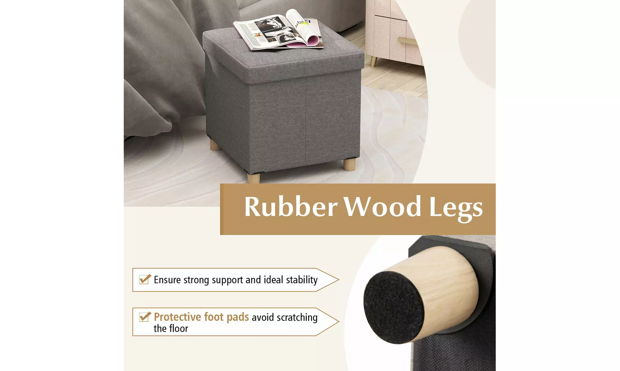 Costway 18 Inches Ottoman with Storage,Tray & Rubber Wood Legs for Small Space