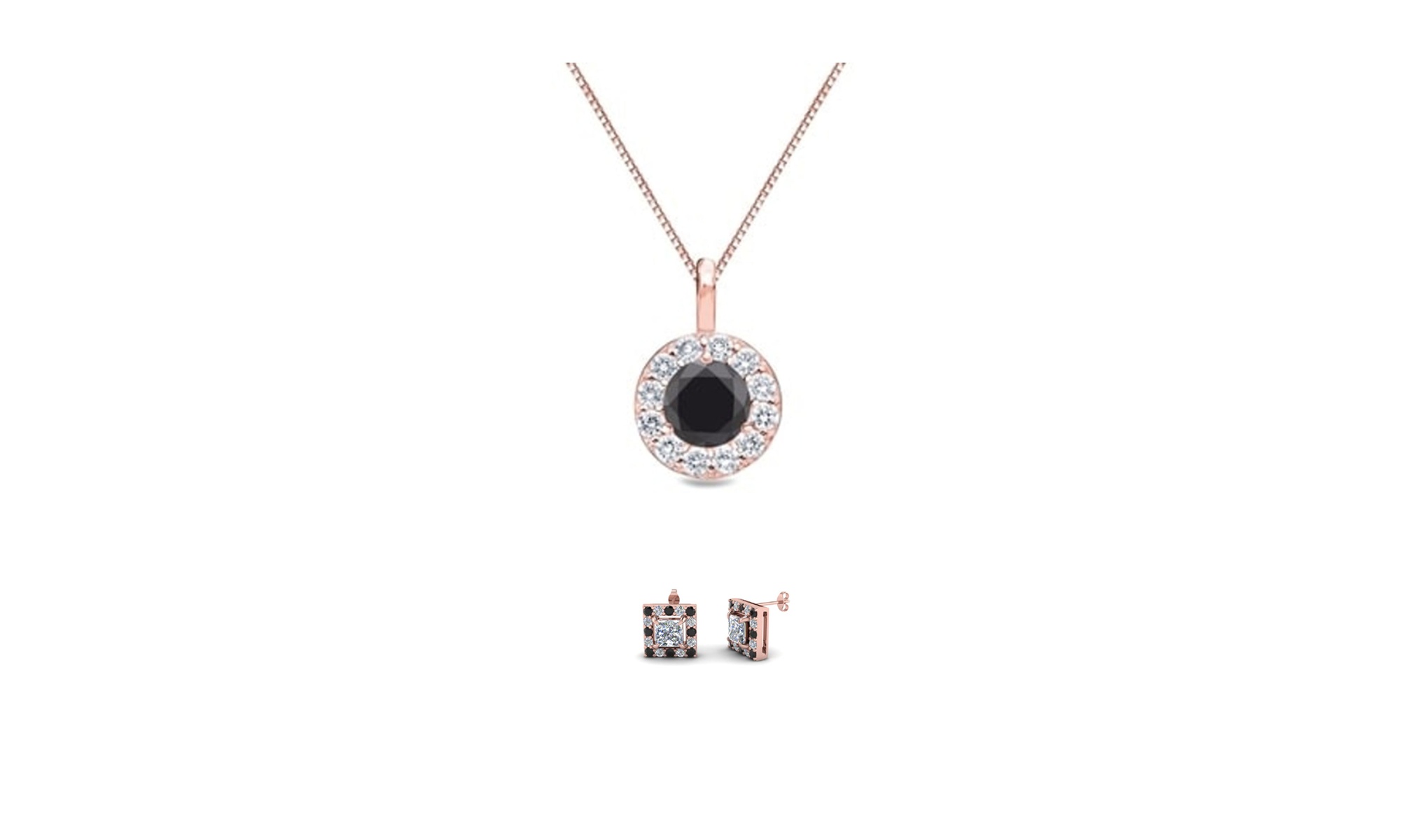 18K Rose Gold Black Sapphire Necklace & Earrings Set Plated by Paris Jewelry