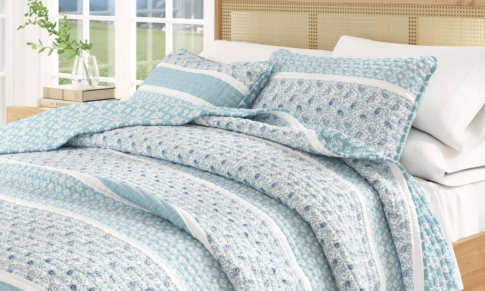 FreshFolds Stripe and Paisley Microfiber Reversible Quilt Set with Shams