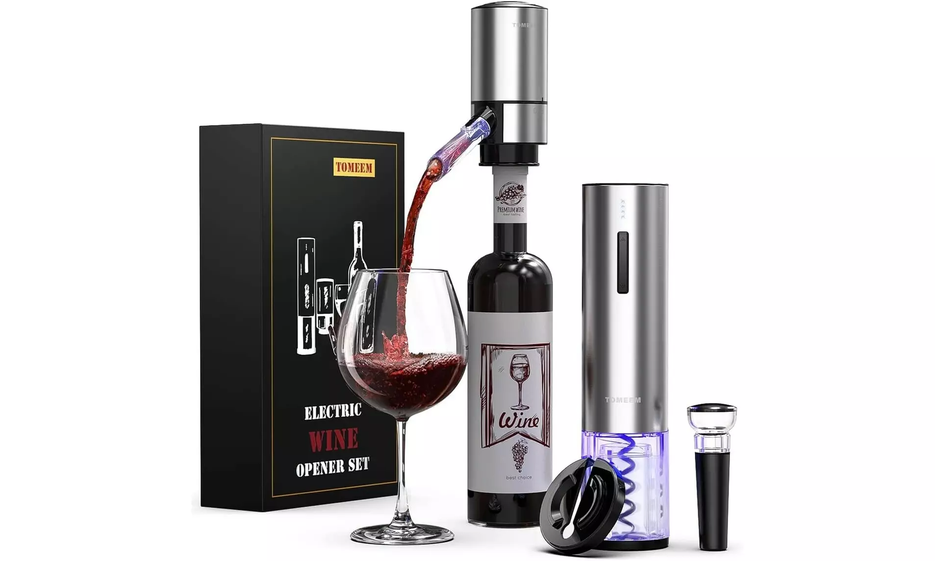 Tomeem Electric Wine Opener Gift Set with Aerator, Stoppers & Foil Cutter