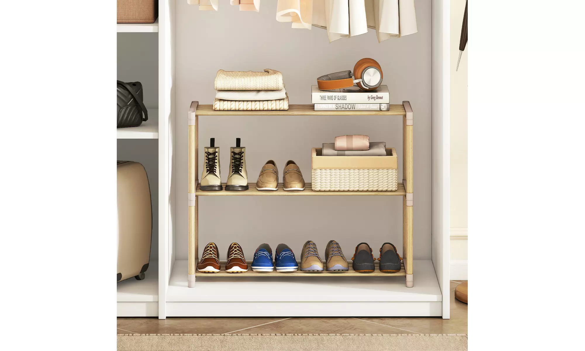 Costway Solid Wood Shoe Shelf Stand with Slatted Open Shelves for Entryway