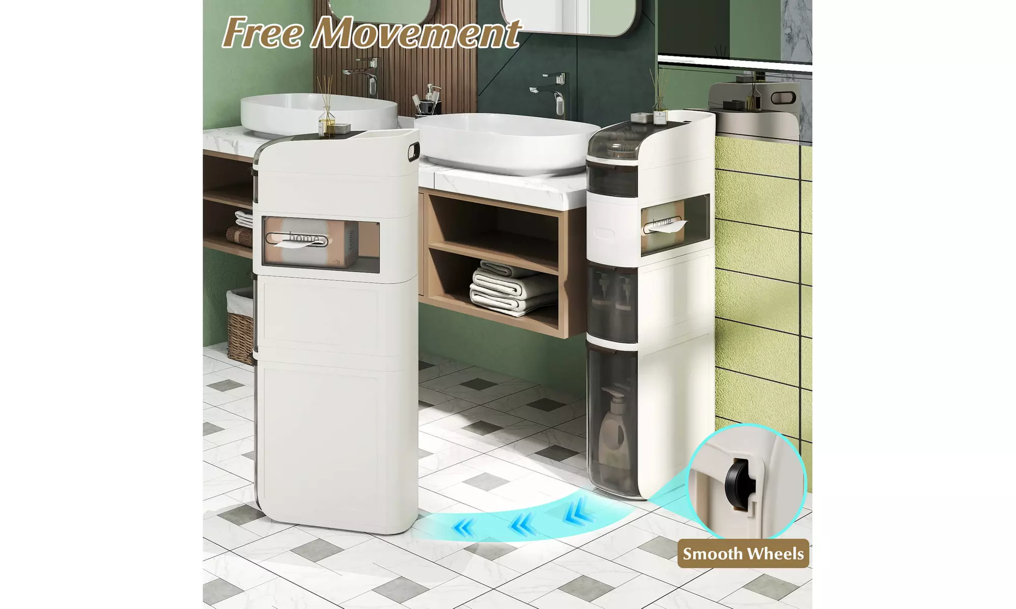 Costway Narrow Bathroom Storage Cabinet with Drawers Tissue Box Wheels