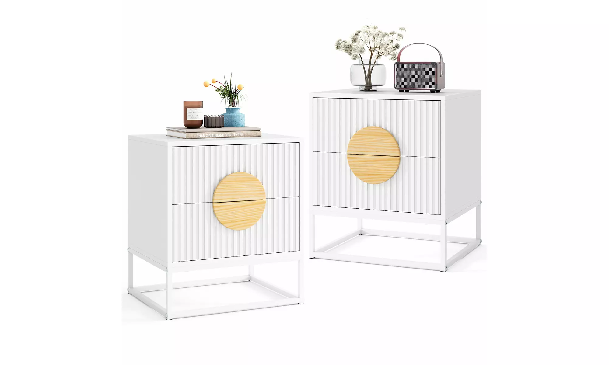 Costway Fluted Nightstand with 2 Drawers with Pine Wood Handles & Metal Frame