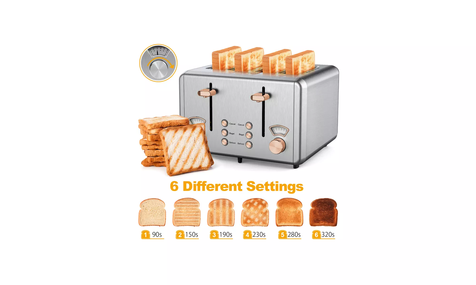 Whall 4 Slice Stainless Steel with Rose Gold Accents 1500W 6 Shade Toaster - Image 4