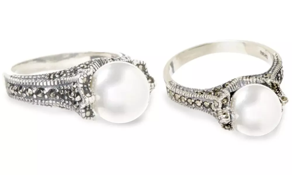 Sterling Silver Freshwater Pearl And Genuine Marcasite Ring Size 6-9