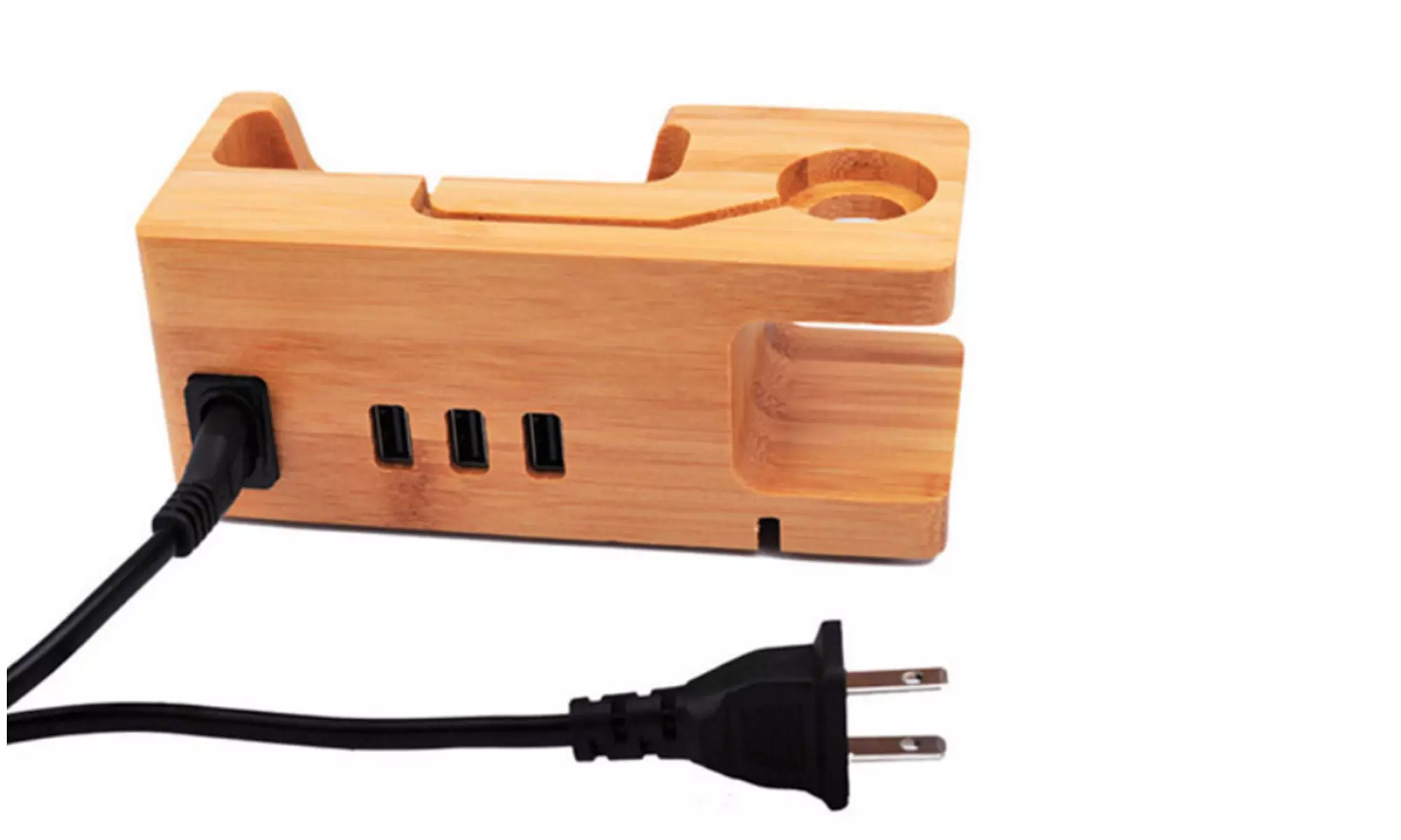 Zummy 2 in 1 Bamboo Wood Charging Station Stand 3 USB for iPhone & Apple Watch  - Second Medium