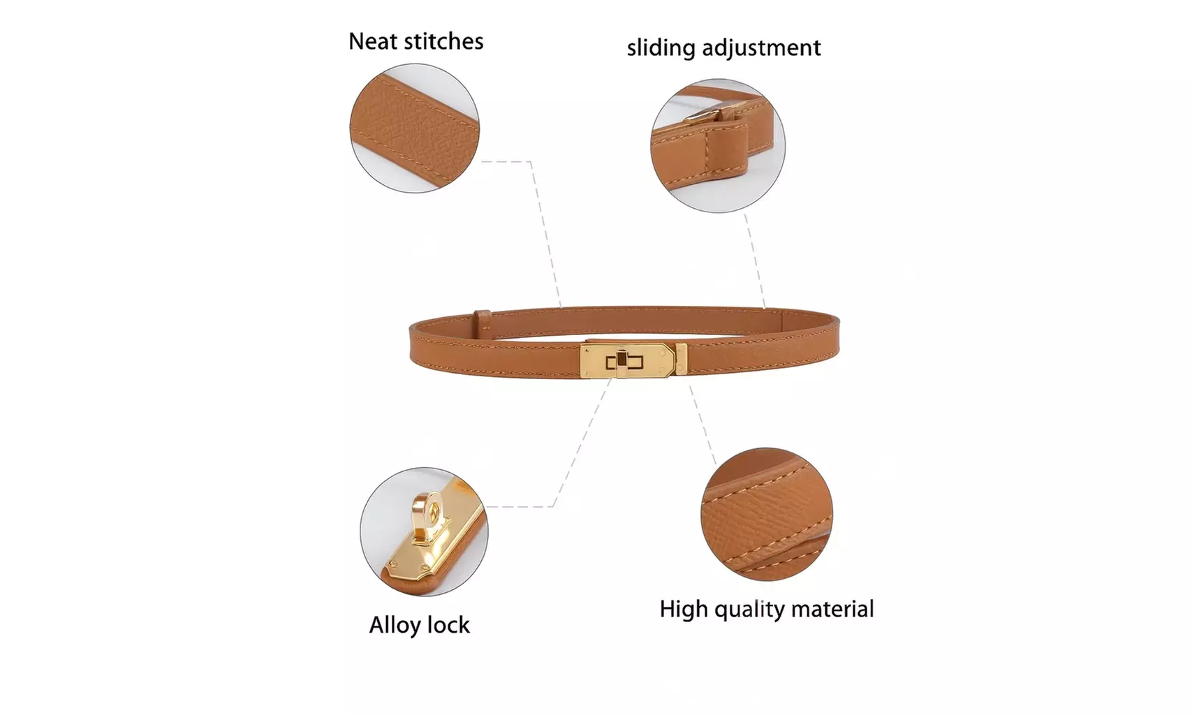 Women's Skinny Leather Adjustable Belt with Turn Lock Buckle