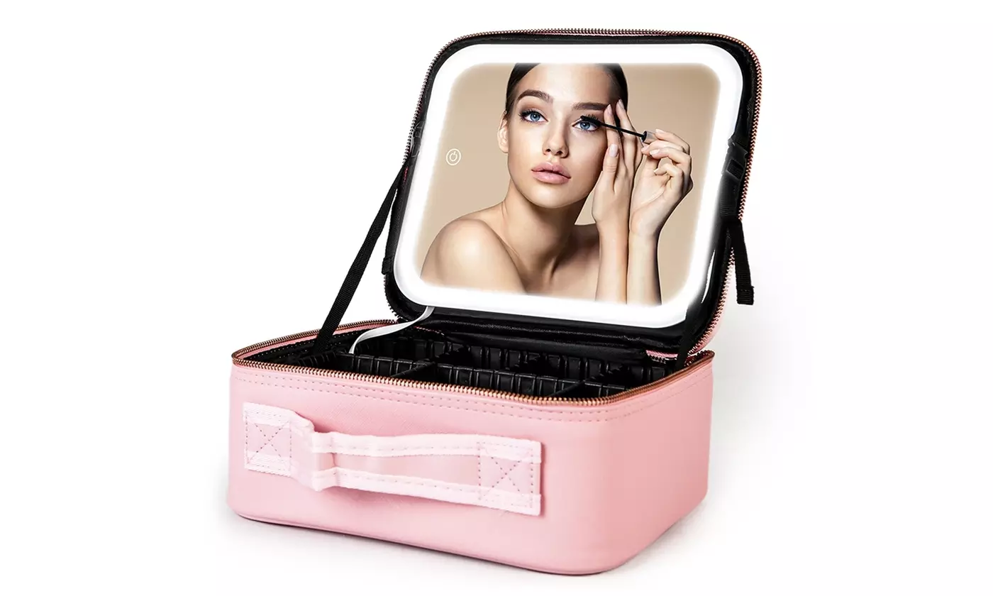 N'POLAR Travel Makeup Bag with Adjustable Dividers, LED Mirror and Brush Holder