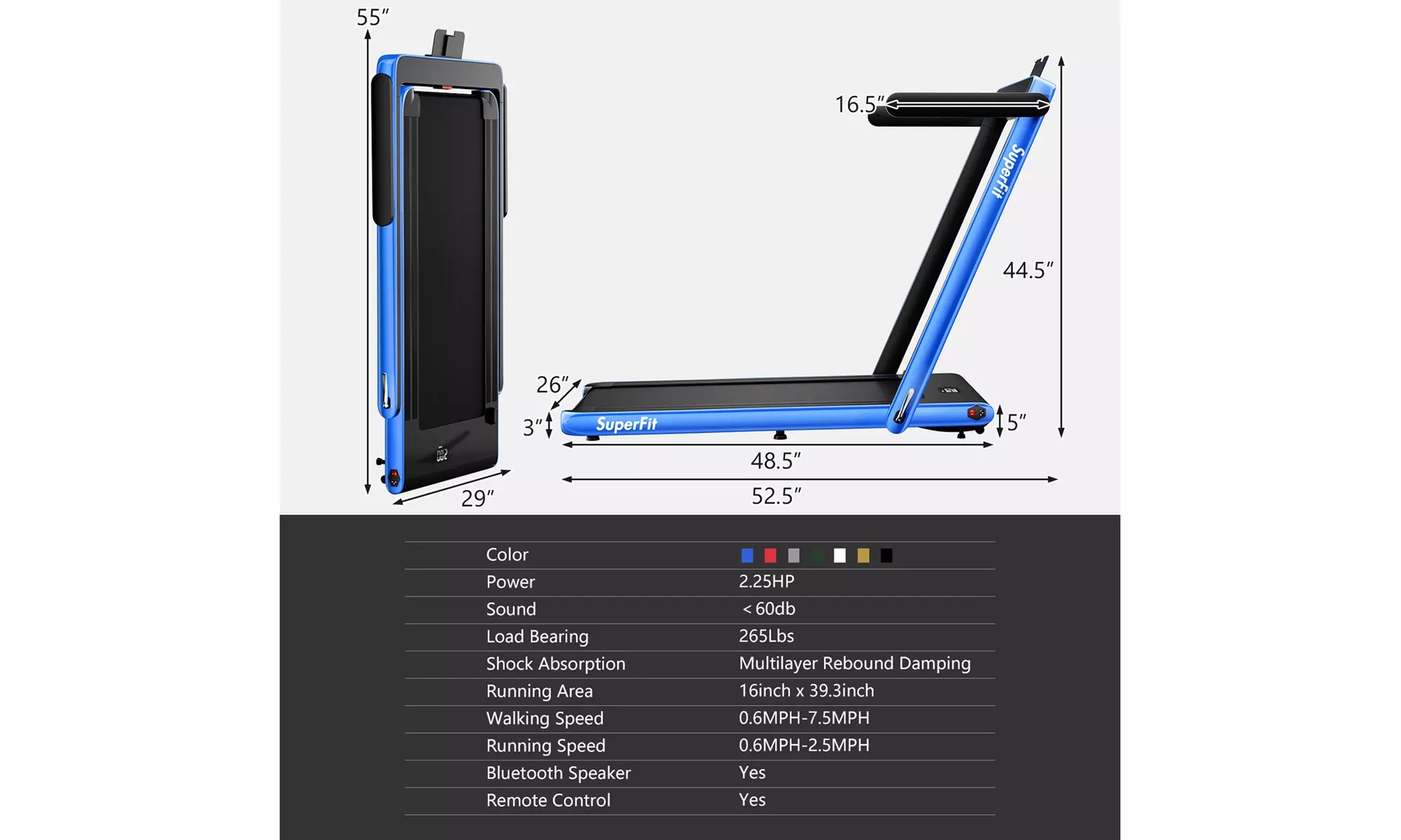 Superfit 2.25HP 2 in 1 Folding Treadmill Speaker Home Gym