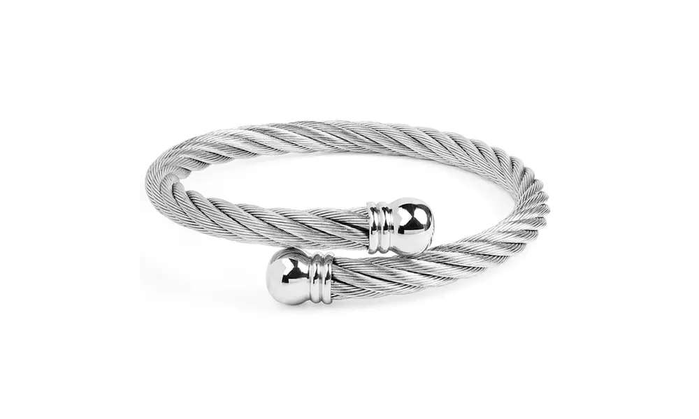 Stainless Steel Twist Rope with Knob Ends Bangle Cuff Bracelet - Primary Image