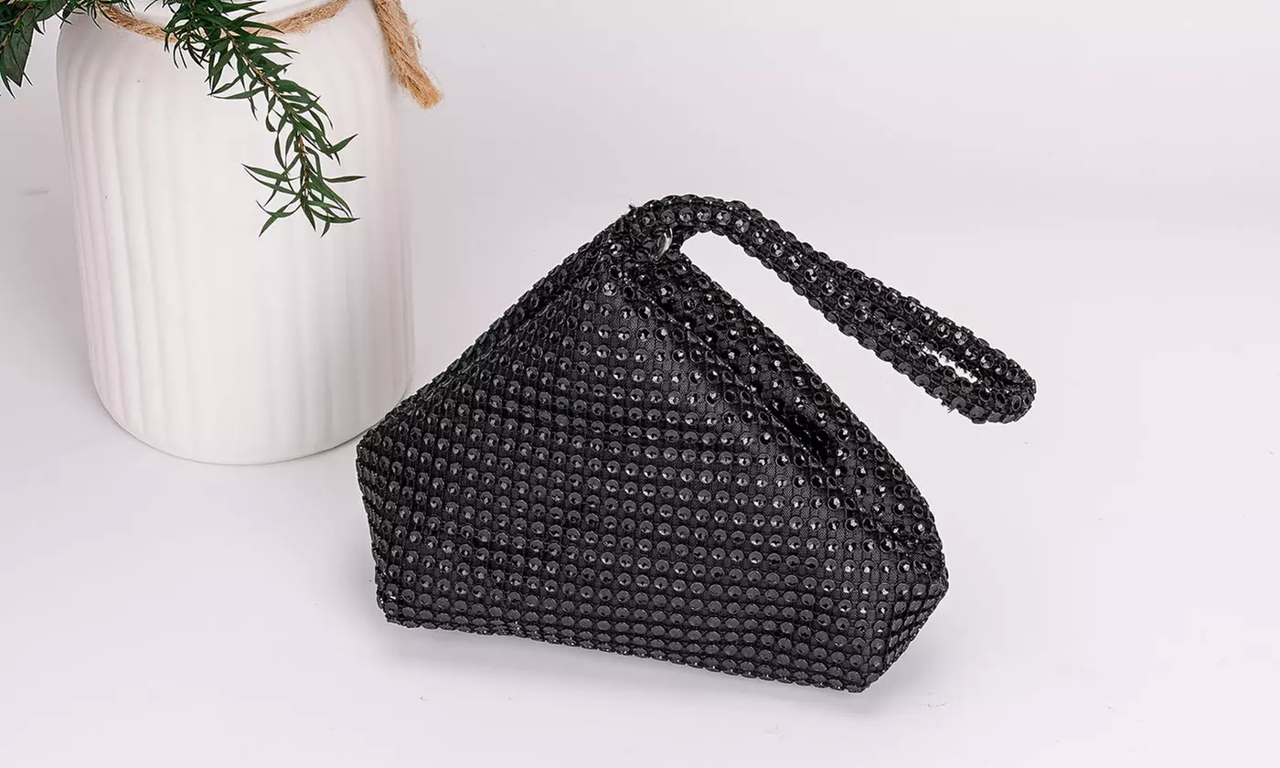Rhinestone Clutch Bag Sparkly Triangle Purse (Black, Silver & Gold)