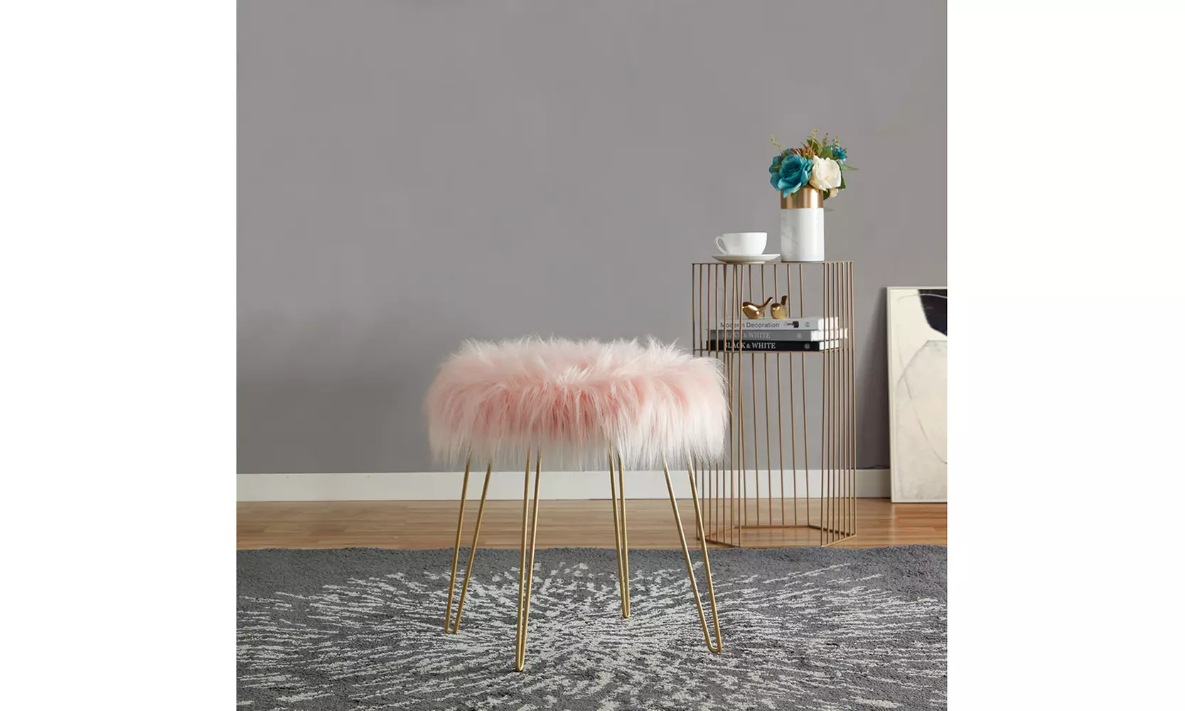 Modern Faux Fur Round Ottoman Chair Foot Rest Stool with Gold Metal Legs - Primary Image