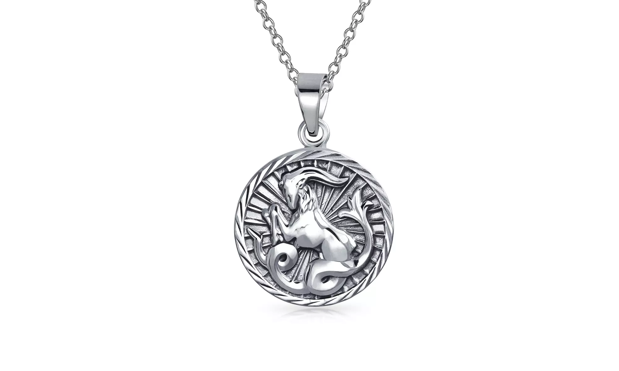 Capricorn Zodiac Pendant Necklace Medallion Oxidized 925 Silver 18 Inch Chain - Primary Image