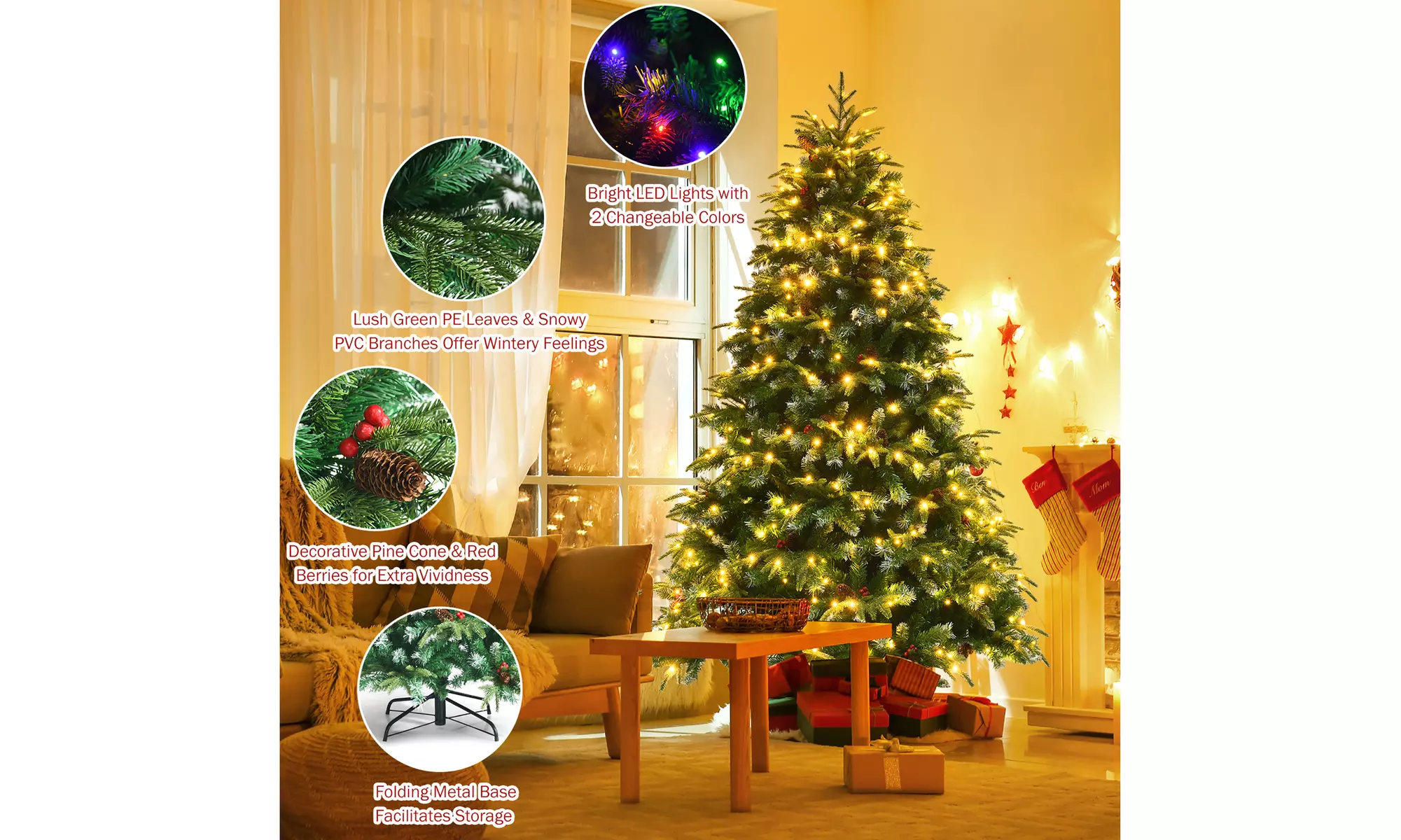 7ft Pre-Lit Snowy Christmas Hinged Tree 11 Flash Modes w/ 450 Multi-Color Lights