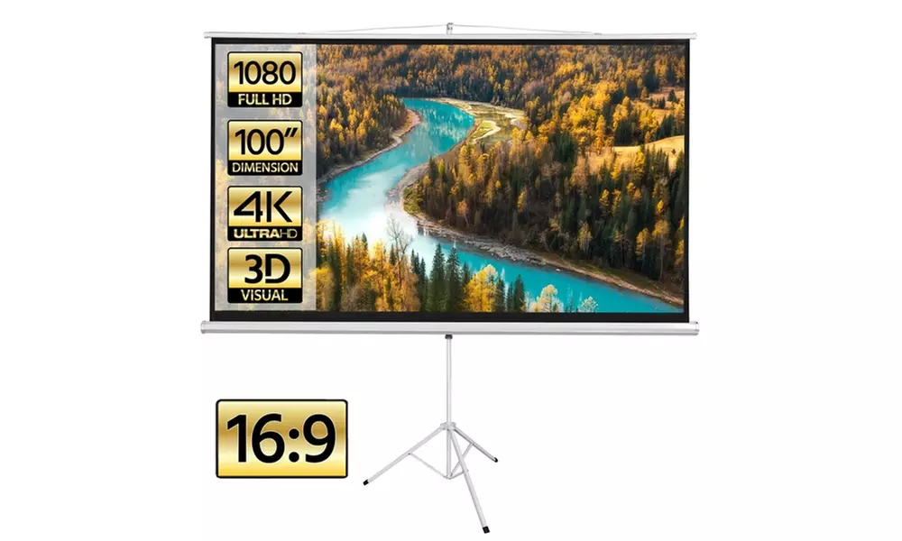 100" Projector 16:9 Projection Screen HD Adjustable Tripod Manual Pull-down - Primary Image