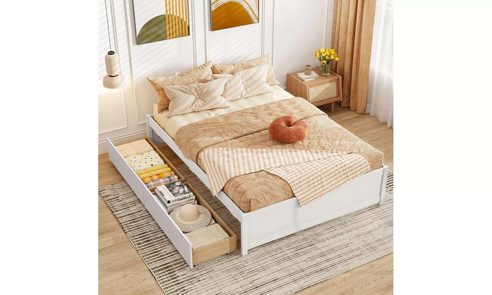 Costway Wooden Platform Bed Frame with 2 Rolling Storage Drawers