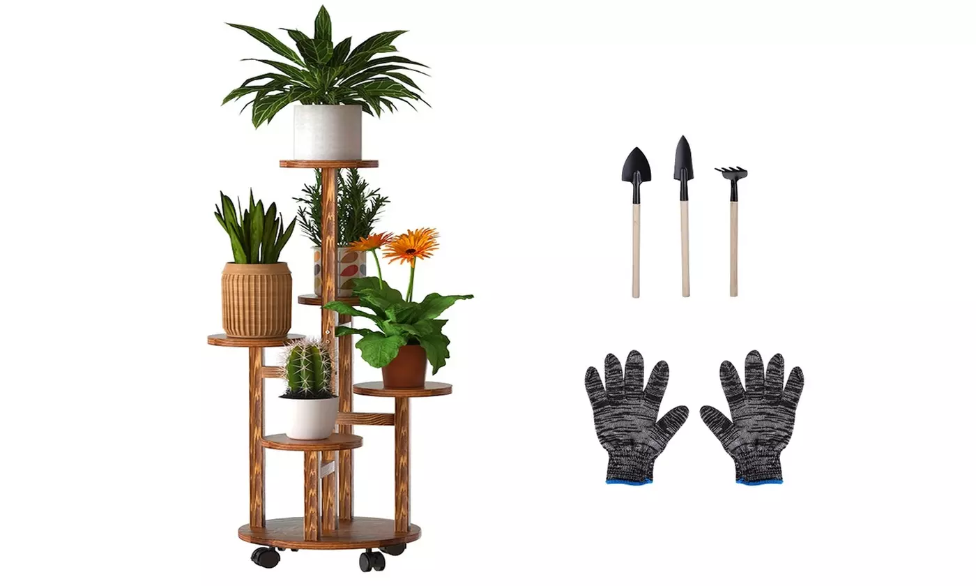 NewHome 5-Tier Wooden Plant Stand Shelf Tall Rolling Flower Pot Holder Rack