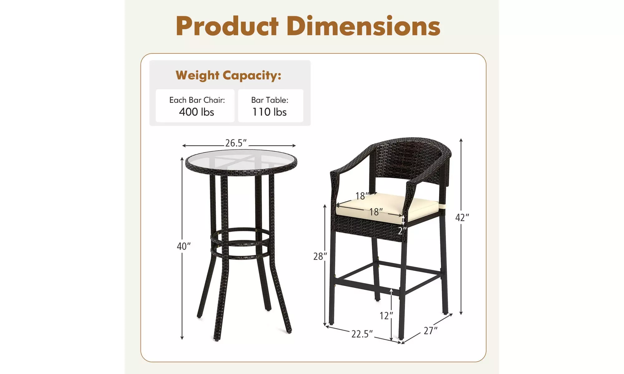 Costway 3-Piece Patio Rattan Bar Set Wicker Bar Height Armchairs and Round Table