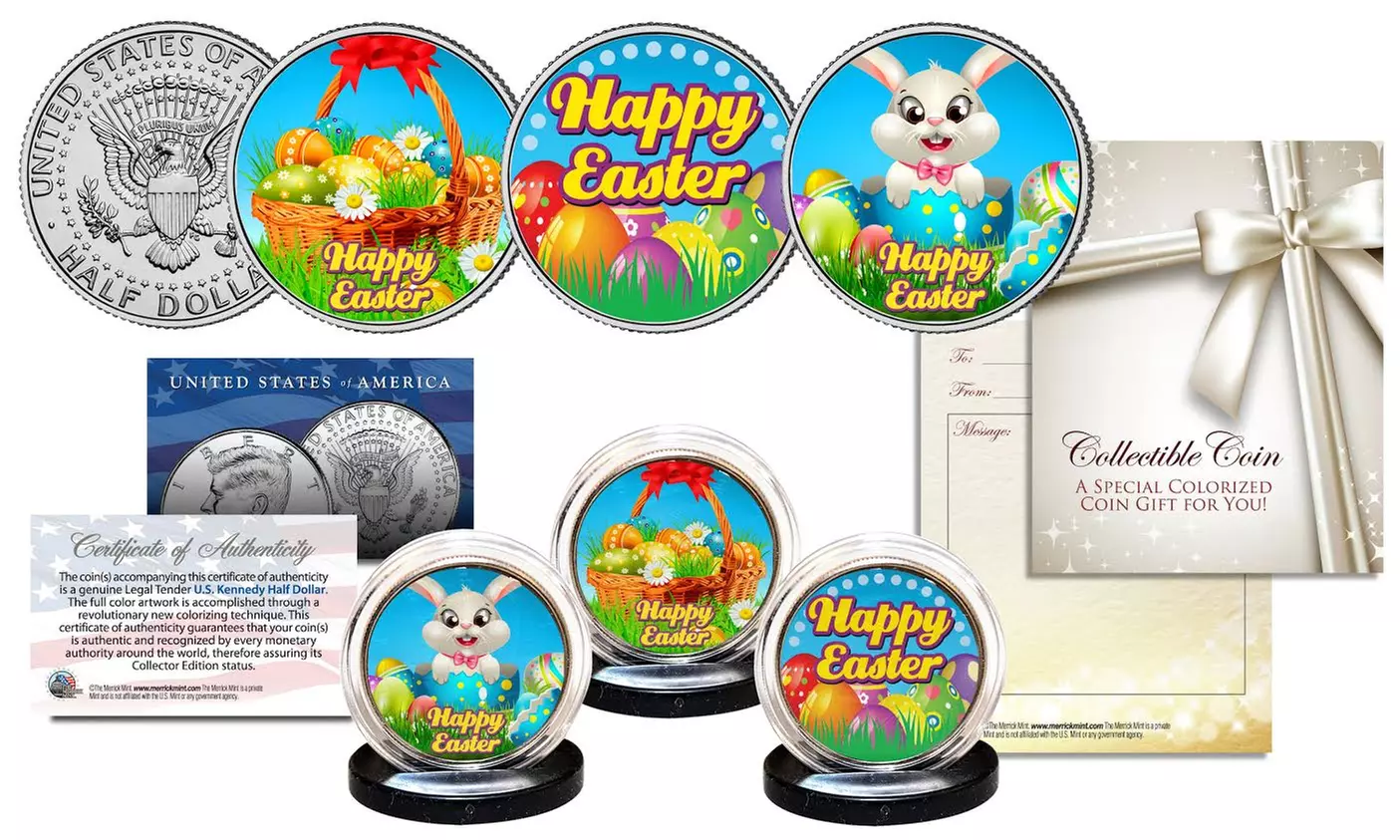 Happy Easter JFK Half Dollar 3 Coin Set w/gift card - Eggs Bunny Basket - Primary Image