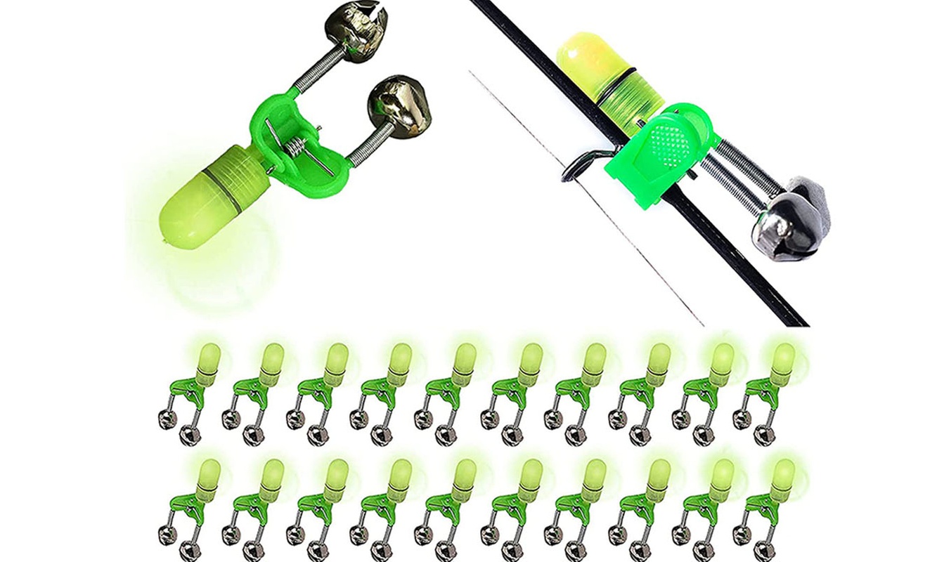 20 PCS LED Night Fishing Bite Bait Alarm 2 Bells Light Rod Tip Clip Alert Ring