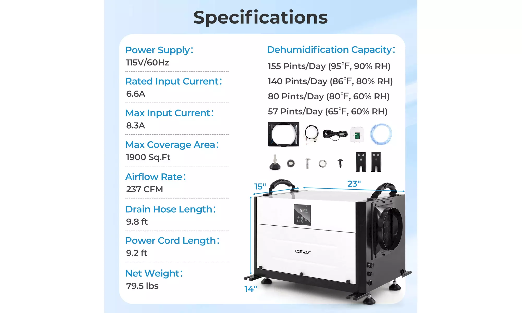 Costway Crawl Space Dehumidifier Commercial Dehumidifier w/ 3 Modes & 24H Timer