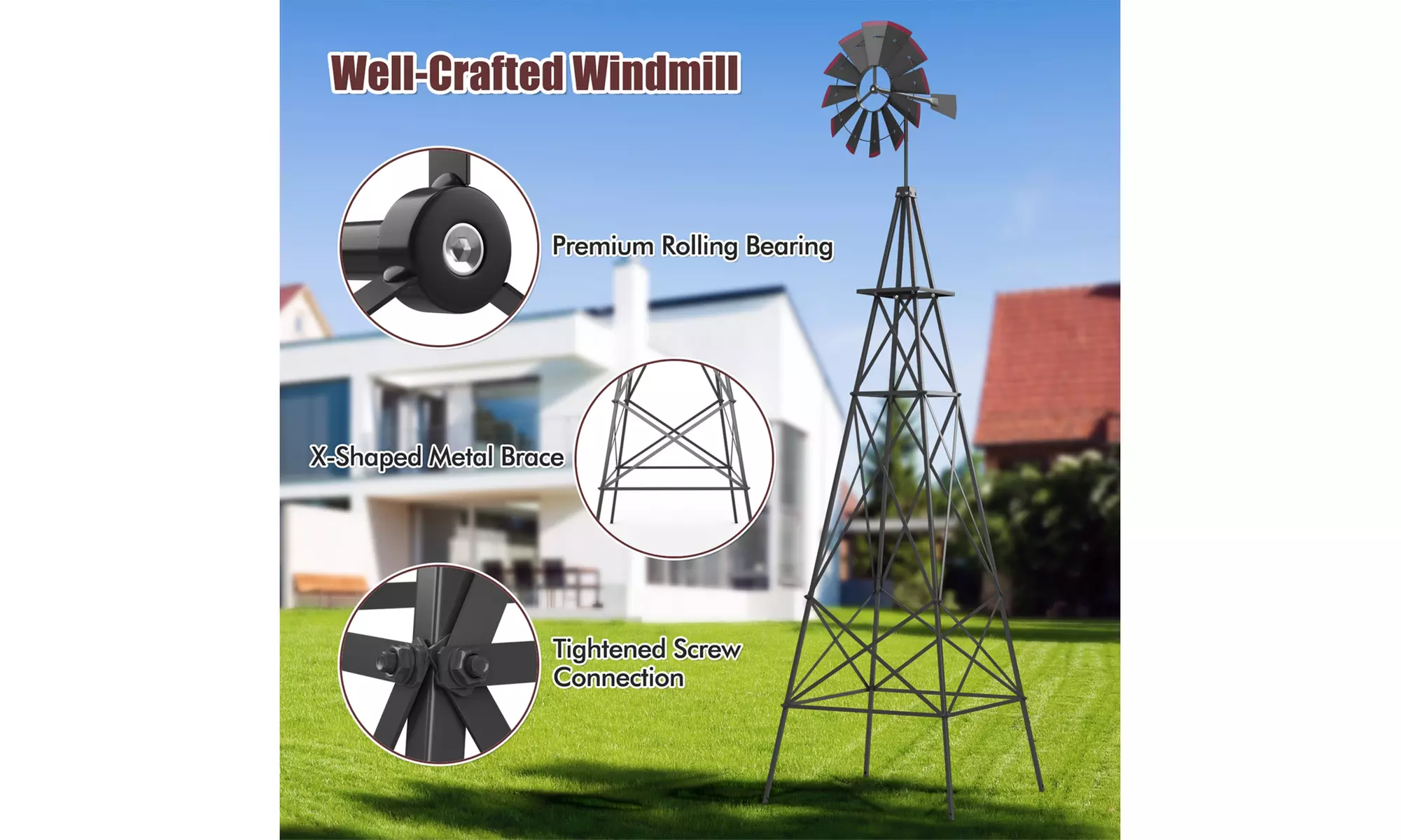 Costway 8Ft Tall Windmill Ornamental Wind Wheel Silver Garden Weather Vane