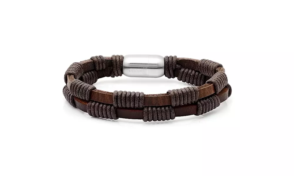 Men's Leather Bracelet With Stainless Steel Magnetic Clasp By Steeltime