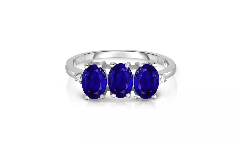 3.00 CTTW Sapphire 3 Stone Sterling Silver Ring