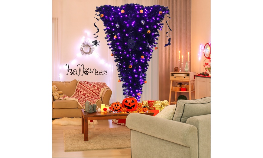 Costway 7ft Upside Down Christmas Halloween Tree Black w/400 Purple LED ...