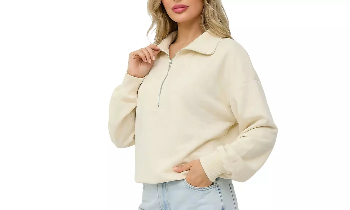 Women's Half Zip Lapel Sweatshirt Long Sleeve Crop Pullover Top Drawstring Hem