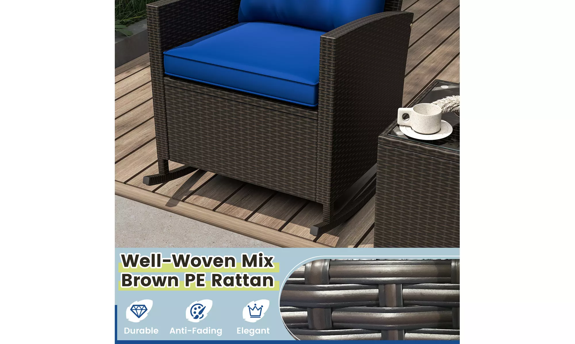 Costway 3 PCS Patio Wicker Rocking Set with Tempered Glass Table & Soft Cushions