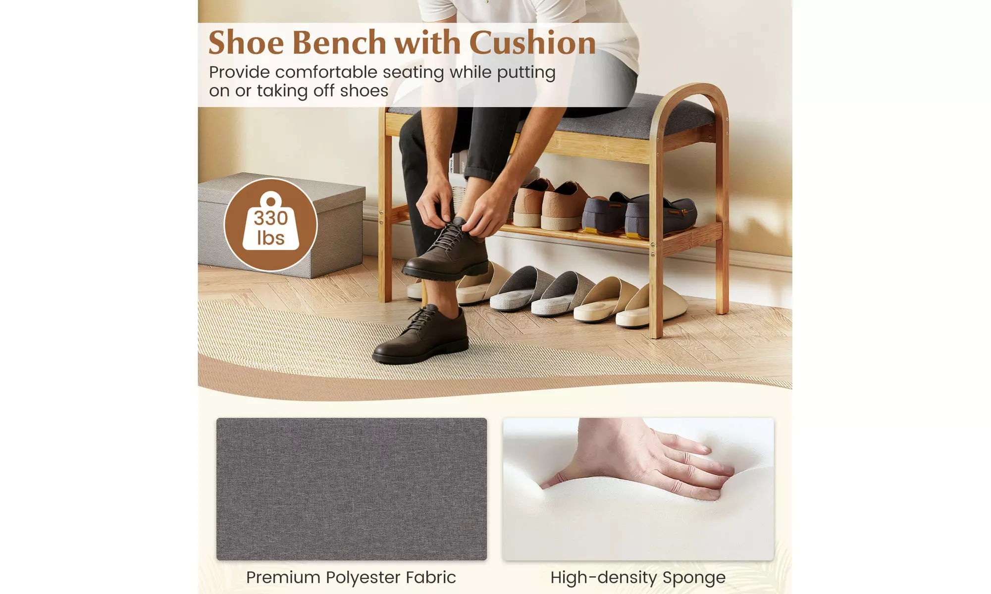 Costway Bamboo Entryway Shoe Bench 2-Tier Shoe Rack with Padded Seat Cushion