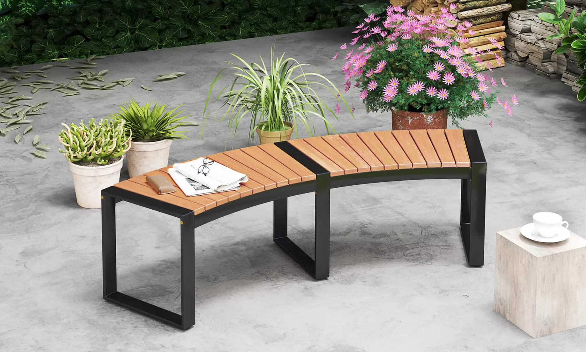 Costway Backless 2-Person Patio Curved Bench with Slatted Seat and Metal Legs