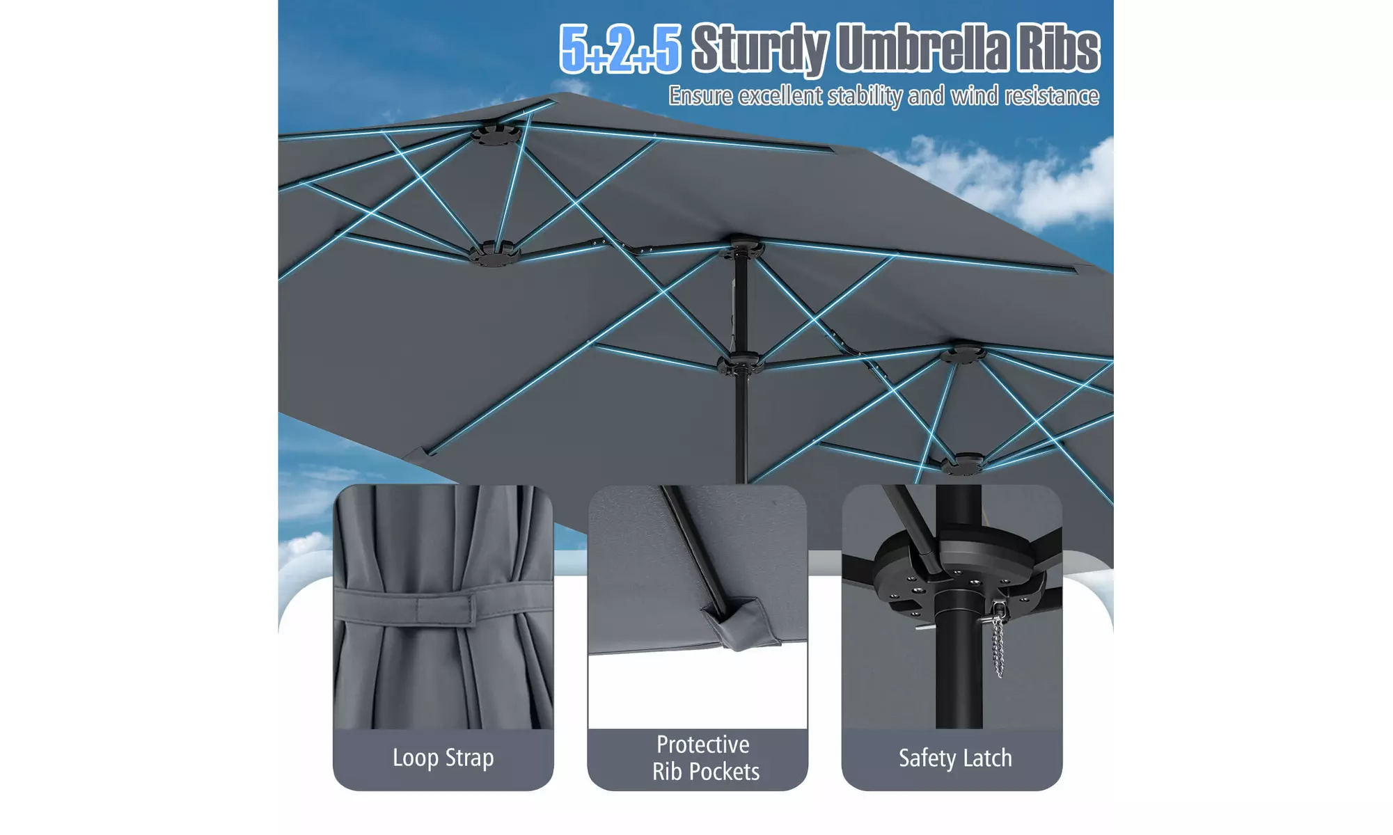 Costway 15.5 FT Extra-Large Patio Umbrella with LED Solar Lights