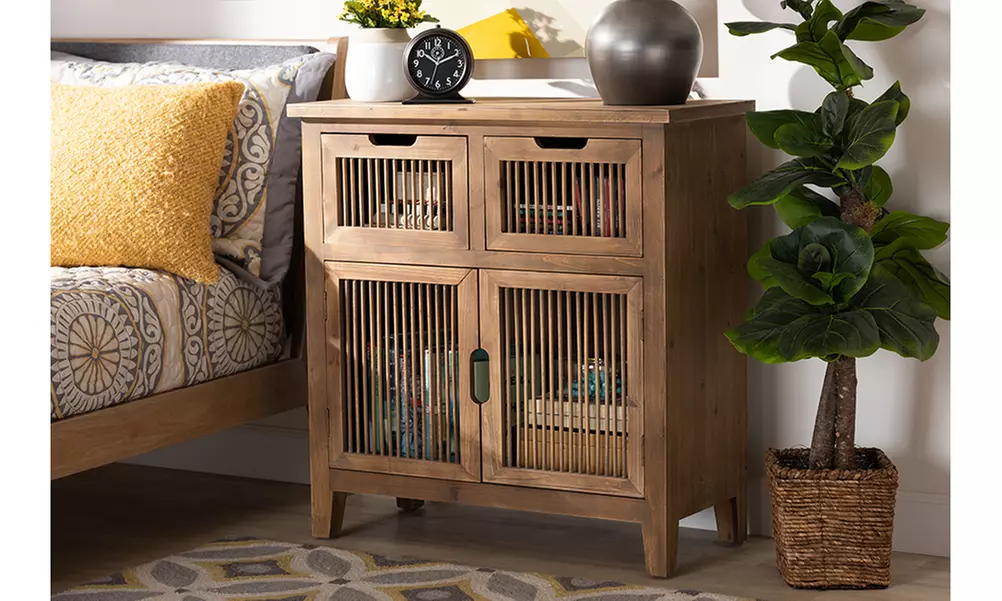 Clement Medium Oak 2-Door 2-Drawer Wood Spindle Accent Storage Cabinet - Primary Image