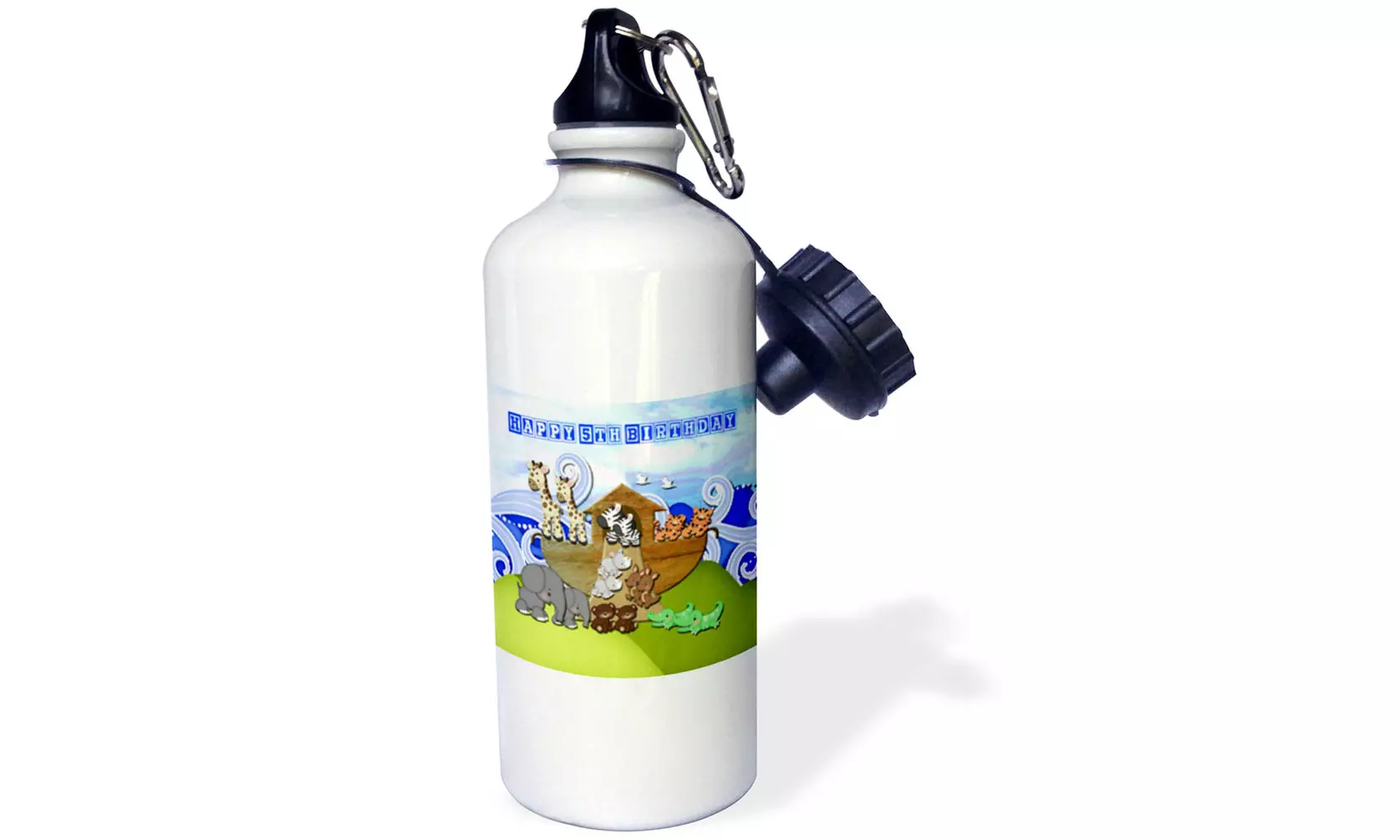 Water Bottle Animals on Ark, Happy 5th Birthday, Block Font - Second Medium